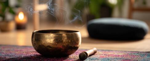 The soothing sound of a Tibetan singing bowl on a colorful rug. photo