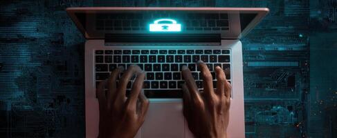The laptop displaying a digital lock symbol emphasizing cybersecurity and protection. photo