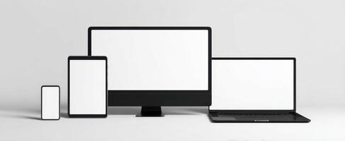 The collection of electronic devices with blank screens for mockup presentations. photo