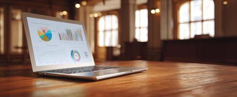 The laptop displaying colorful graphs in a professional workspace setting. photo