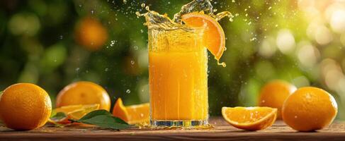 The refreshing orange juice splashing in a glass with vibrant fruits. photo