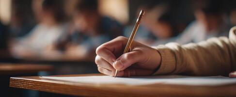 The student writing an exam in a focused classroom environment. photo