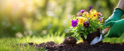 The gardener planting vibrant flowers in a sunny outdoor setting. photo