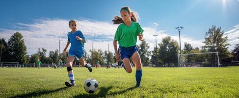 The young girls playing soccer on a sunny field during a friendly match. photo