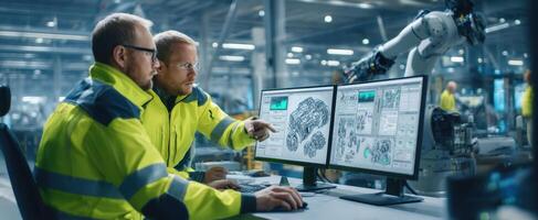The engineers collaborating on robotic automation in a modern industrial workspace. photo