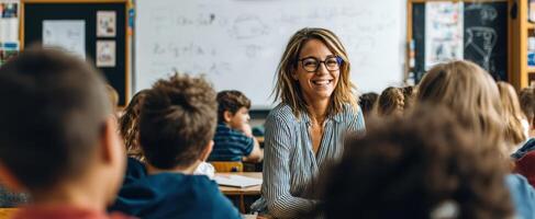 The teacher engaging with students in a vibrant classroom setting. photo