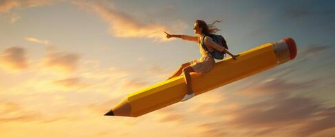 The girl soaring through the sky on a giant pencil at sunset. photo