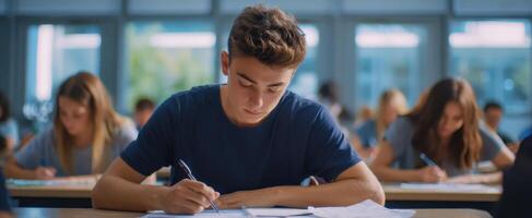 A young man is taking notes in an exam photo