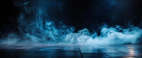 The ethereal blue smoke swirling across a reflective floor in an abstract setting photo
