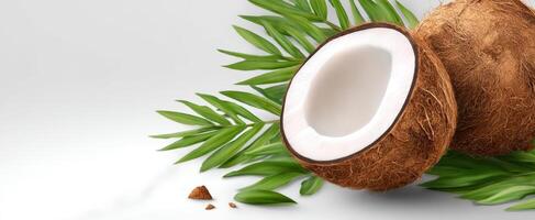 The fresh coconut surrounded by green tropical leaves on a bright background. photo