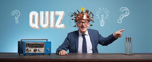 The businessman with a creative quiz helmet engaging in innovative brainstorming. photo