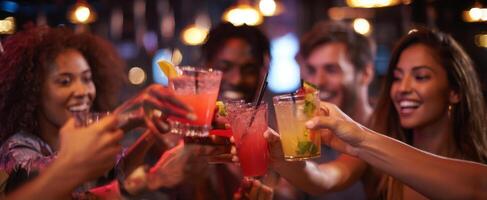 The joyful toast with colorful cocktails among friends at a lively party. photo