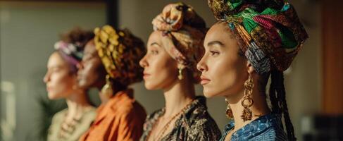 The portrait of four women celebrating cultural diversity with beautiful headwraps. photo