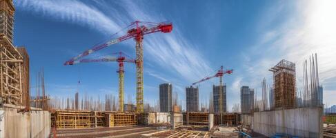 The construction site bustling with cranes and building activity under a bright blue sky. photo