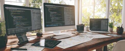 The modern work desk featuring multiple screens and coding environment. photo