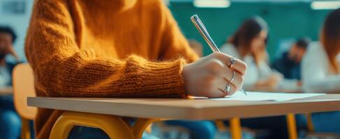 The student writing notes in a classroom during an exam session. photo