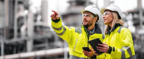 The enthusiastic workers collaborating at an industrial site wearing safety gear. photo