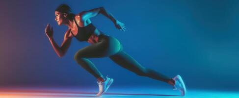 The powerful athlete sprinting with determination against a vibrant backdrop. photo