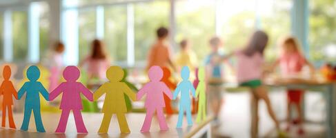 The colorful paper cutouts representing unity in a vibrant classroom setting. photo