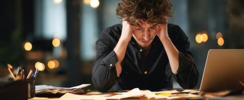 The stressed young man struggling with overwhelming workload at his desk. photo