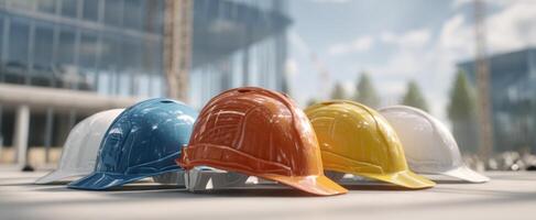 The colorful hard hats showcasing construction safety in a modern environment. photo