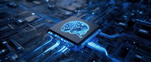 The Brain Integrated into a High-Tech Circuit Board Design for Innovation photo