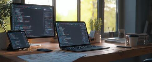 The workspace filled with modern technology and coding devices on a sunny day. photo