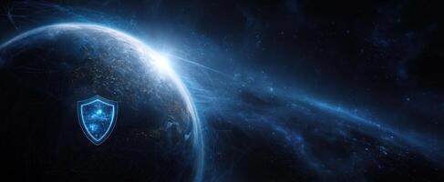 The Earth with a Shield Symbolizing Protection in a Cosmic Landscape photo