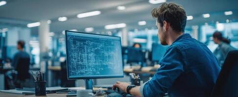 The designer working diligently on architectural plans in a modern office environment. photo