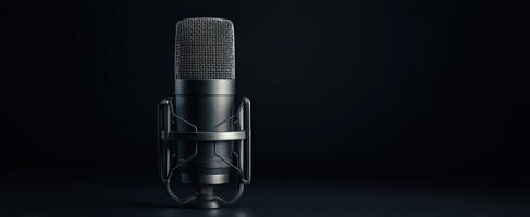 The sleek microphone standing elegantly against a dark background. photo