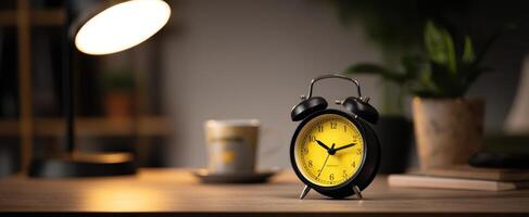 The vibrant yellow alarm clock on a stylish desk with soft lighting. photo