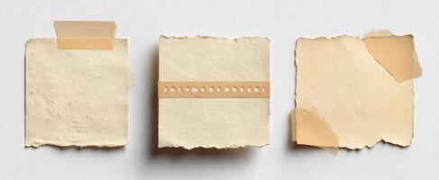 The collection of vintage notes with adhesive tape and textured edges. photo