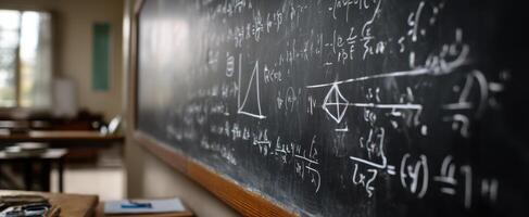 The chalkboard filled with complex mathematical equations in a classroom setting. photo