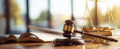 The gavel and scales symbolize justice in a professional legal setting. photo