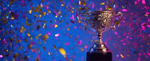 The elegant trophy surrounded by colorful confetti celebrating victory and achievement. photo