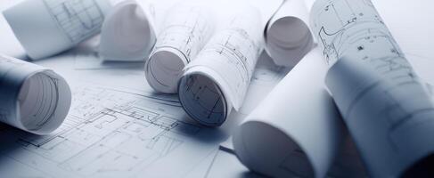 The rolled blueprints and architectural plans on a workspace surface. photo