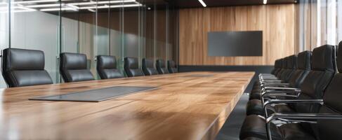 The modern conference table set in an elegant corporate boardroom environment. photo