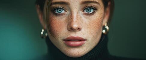The captivating portrait of a young woman with striking blue eyes and freckles. photo