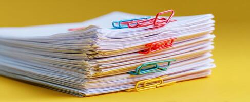 The stack of organized papers secured with colorful clips on a bright background. photo