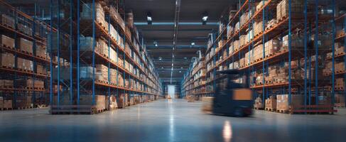 The bustling warehouse with organized shelves and efficient logistics operations. photo