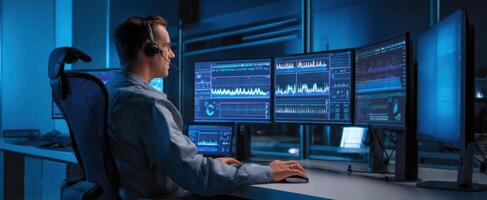 The focused analyst working with multiple screens in a modern control room photo