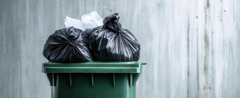 The green trash bin filled with black garbage bags against a textured background. photo