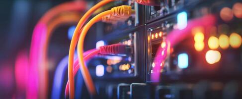 The vibrant network cables connecting high-tech server equipment in a data center. photo