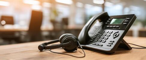 The modern telephone and headset on a stylish wooden desk in a workspace setting. photo