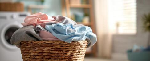 The laundry basket filled with freshly washed and folded clothes. photo