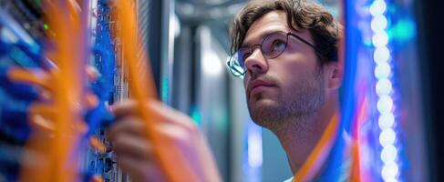 The technician managing server connections with colorful data cables in a modern environment. photo
