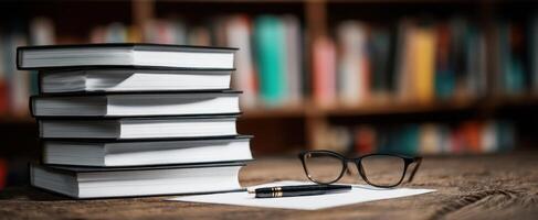 The stacked books and stationery on a wooden desk in a cozy library setting. photo