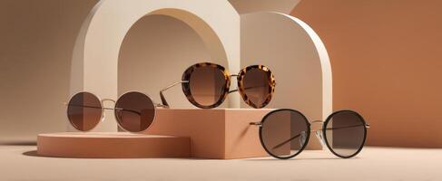 The elegant display of fashionable sunglasses on a minimalist background. photo