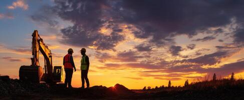 The workers discussing project details at sunset near heavy machinery. photo
