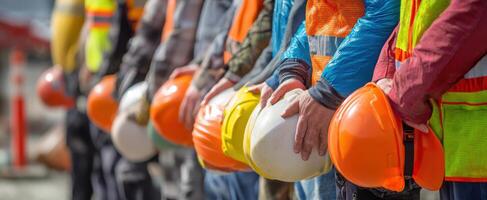 The construction workers lined up holding helmets in a safety-focused environment. photo